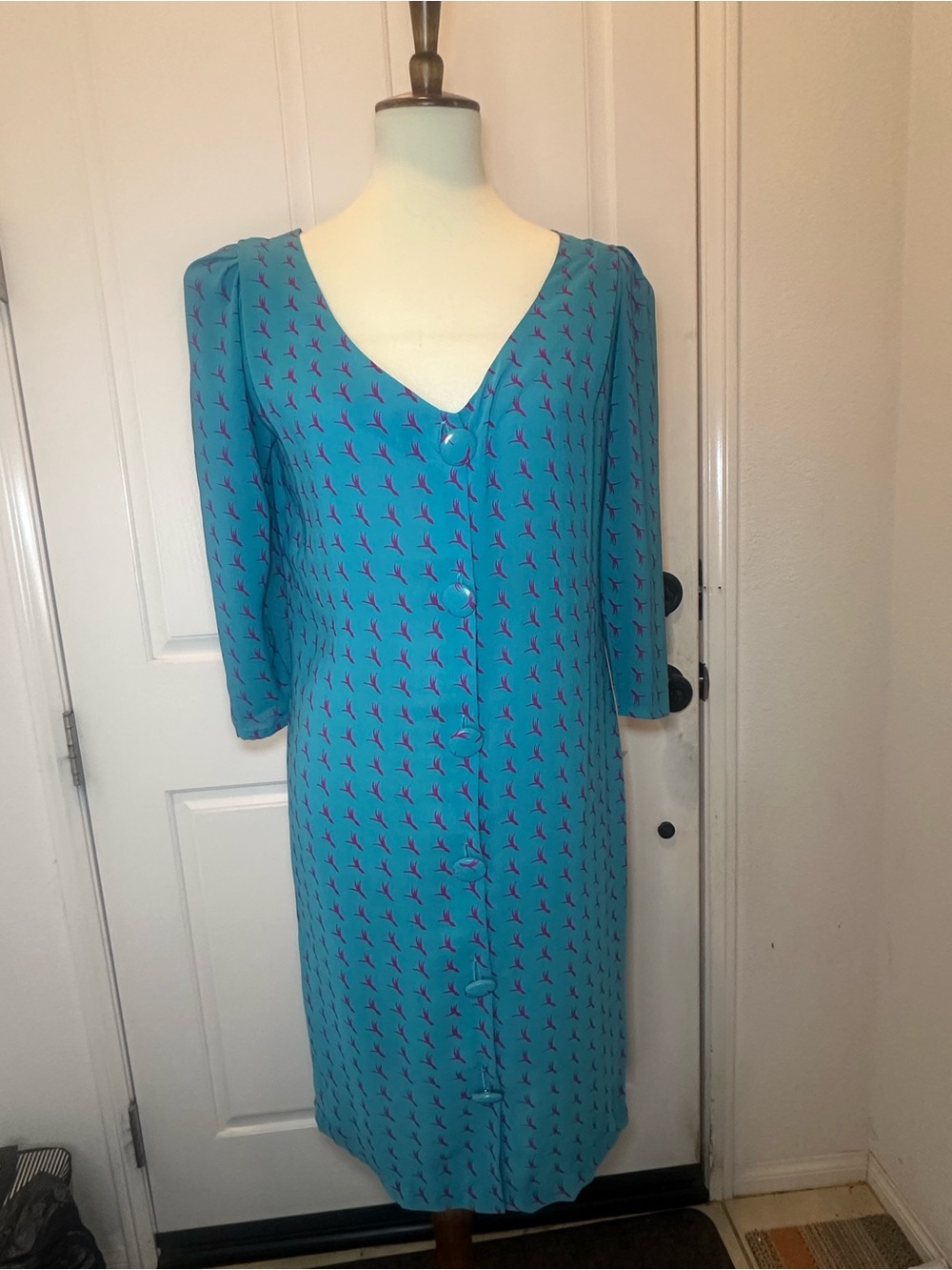 Handmade Vintage Turquoise Blue Button-Front Midi Dress with Pink Bird Print